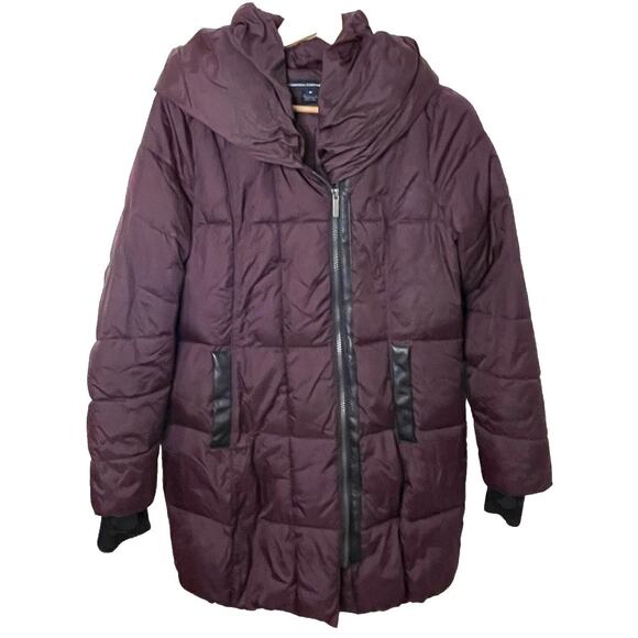 French Connection Burgundy Wine Asymmetrical Pillow Hood Puffer Coat Women Med. - Picture 5 of 16